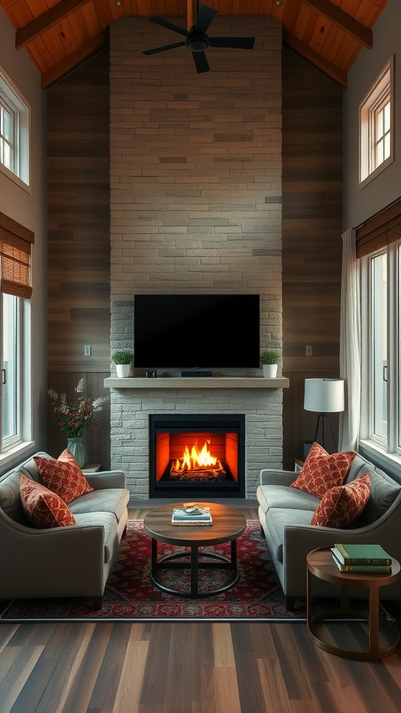 Cozy living room featuring a stone fireplace, a flat-screen TV, comfortable sofas, and a coffee table