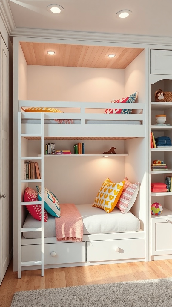 A cozy nook featuring a built-in bunk bed with colorful cushions, integrated shelving, and a warm inviting design.