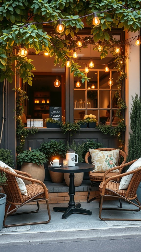 A cozy outdoor coffee space with two chairs, a small table, and warm lighting.