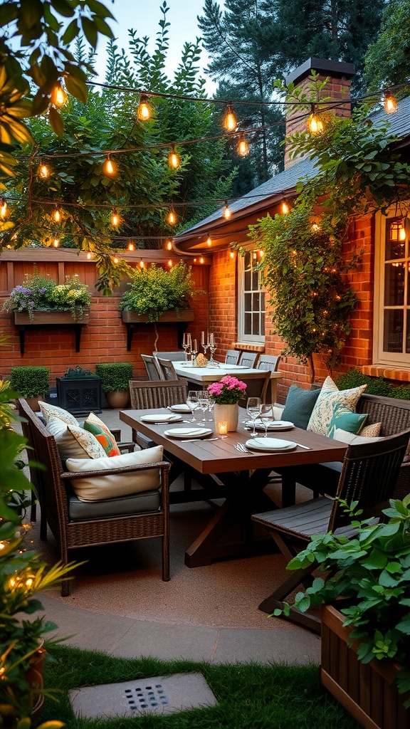 A cozy outdoor dining area with a large wooden table, comfortable seating, and string lights.