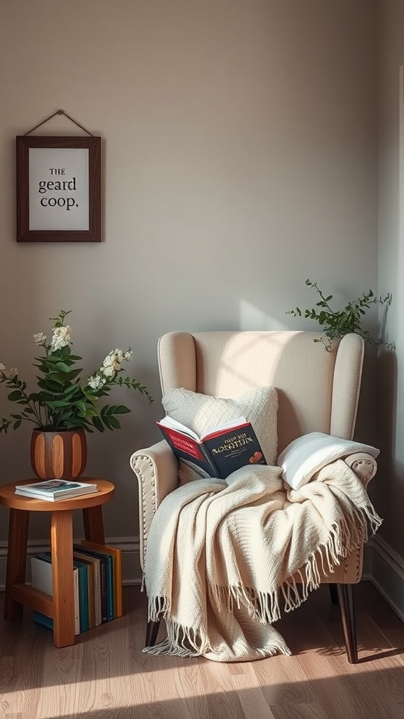 A cozy reading nook featuring a comfortable armchair with a blanket, a side table with books, and decorative plants.
