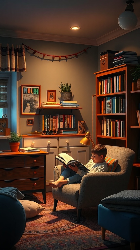 A cozy reading nook in a teen boy's bedroom with a boy reading in a comfortable armchair surrounded by bookshelves.