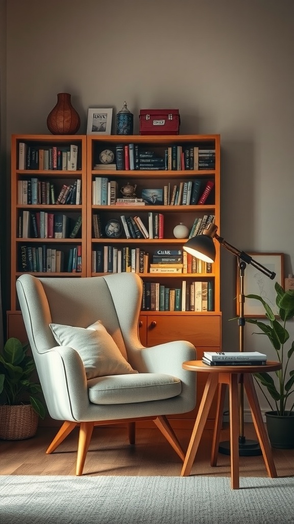 A cozy reading nook featuring a comfortable armchair, a small table, a lamp, and a well-stocked bookshelf.