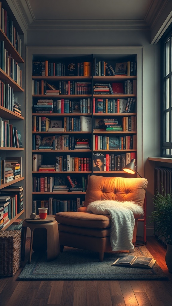 Cozy reading nook with a warm armchair, a side table, and bookshelves filled with a variety of books.
