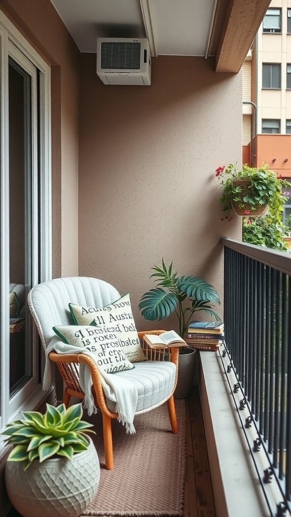 Cozy balcony reading nook with a comfortable chair, cushions, and plants.