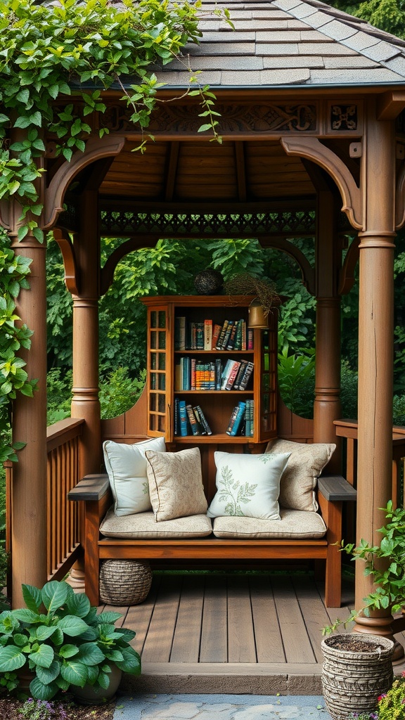 A cozy reading nook in a gazebo with cushions and a bookshelf surrounded by greenery