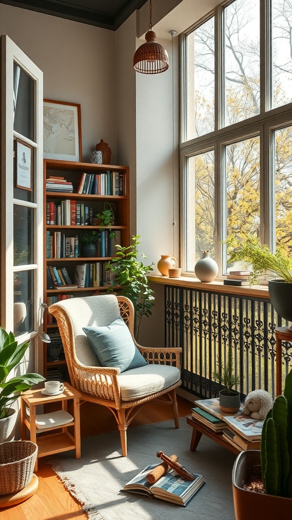 A cozy reading nook with a comfortable chair, large windows, bookshelves, and plants.