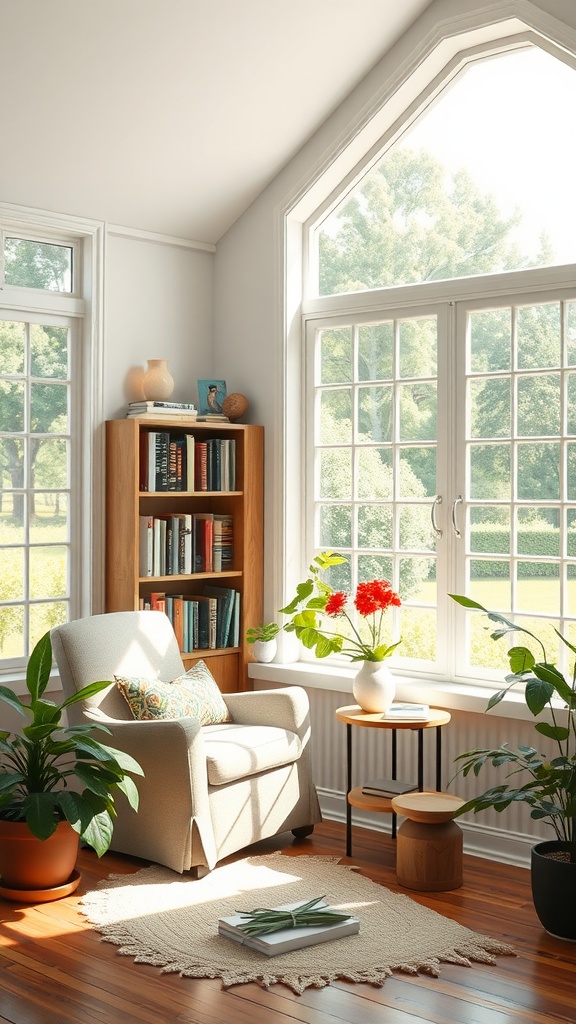 Cozy reading nook with a chair, bookshelves, plants, and large windows allowing natural light.