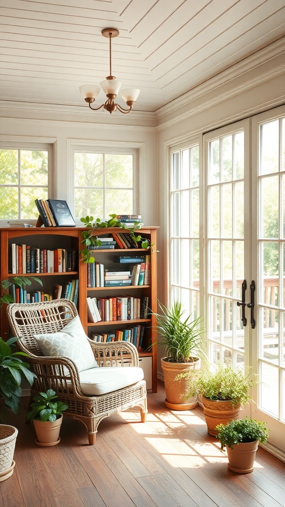 Cozy reading nook in a three-season porch with a rattan chair, bookshelf, and plants