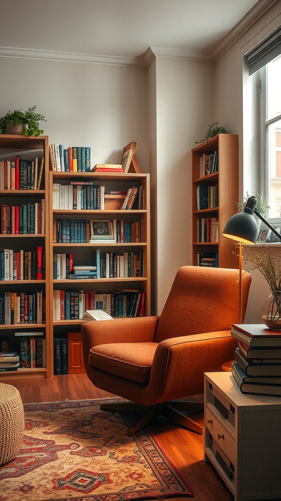 Cozy reading nook with a comfortable chair, bookshelves, and warm decor