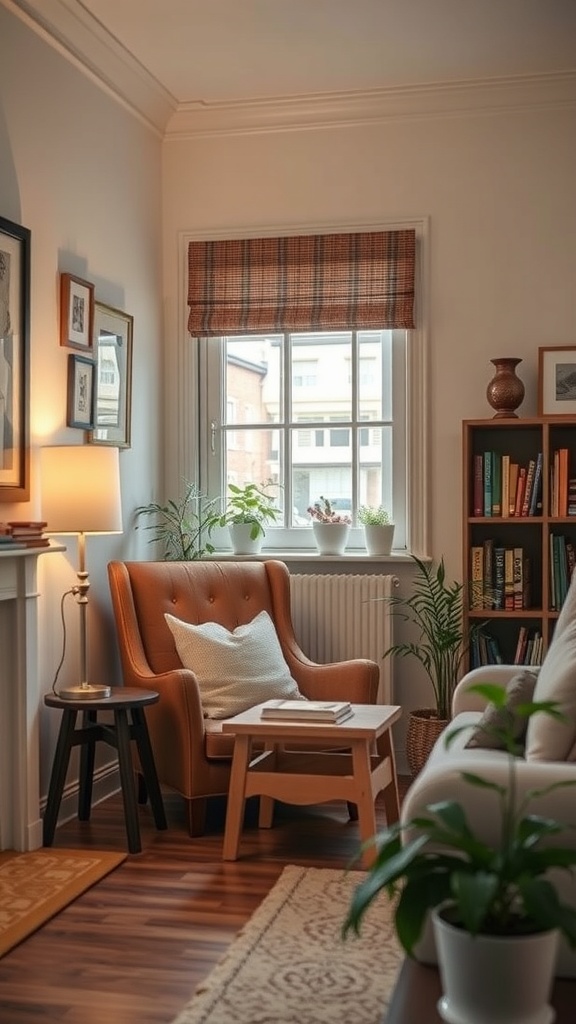 Cozy reading nook in a Studio McGee living room with an orange chair, side table, and plants.