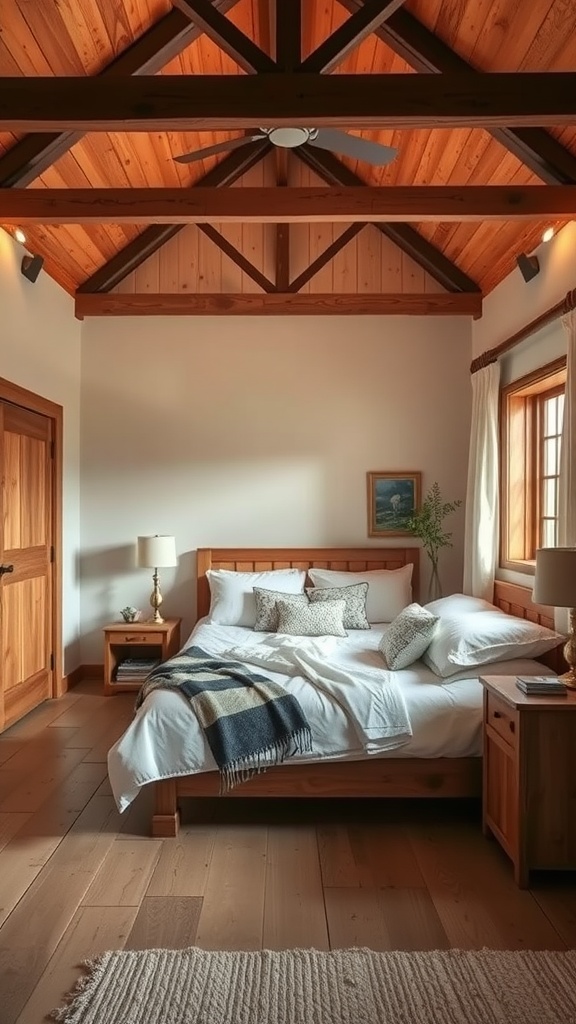 A cozy rustic bedroom featuring wooden beams, a comfortable bed, and warm decor.