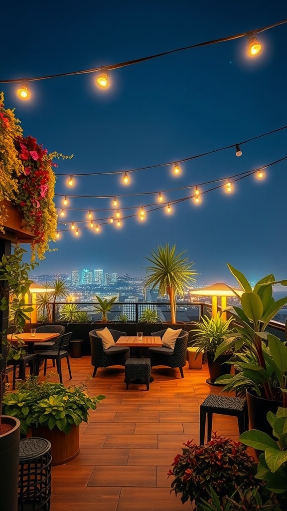 Cozy rooftop garden with seating area, plants, and string lights at night