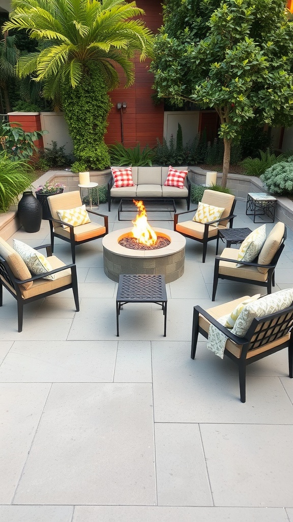 Cozy seating arrangement around a fire pit in a garden setting.
