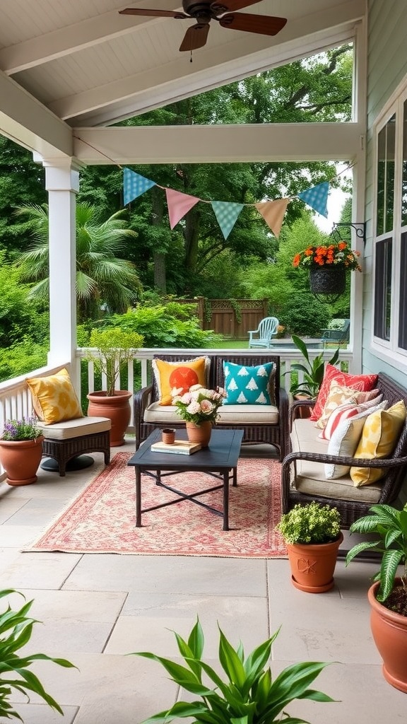 Cozy back porch seating arrangement with colorful cushions, potted plants, and a coffee table.