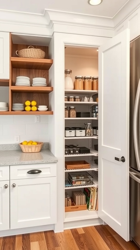A corner cabinet with a hidden pantry, featuring organized shelves and a countertop with a basket of lemons.