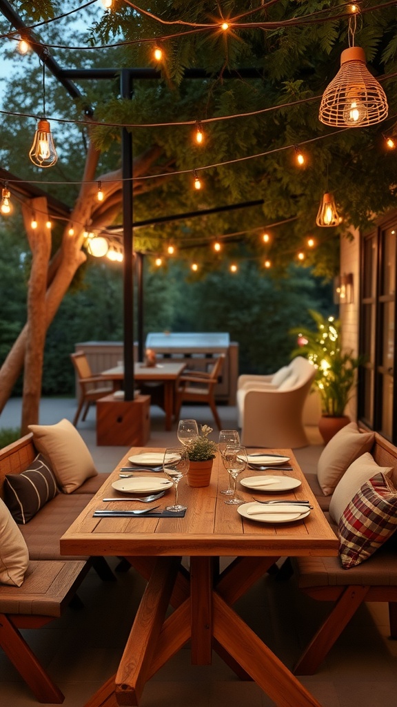 Cozy outdoor dining area with wooden table, chairs, and string lights