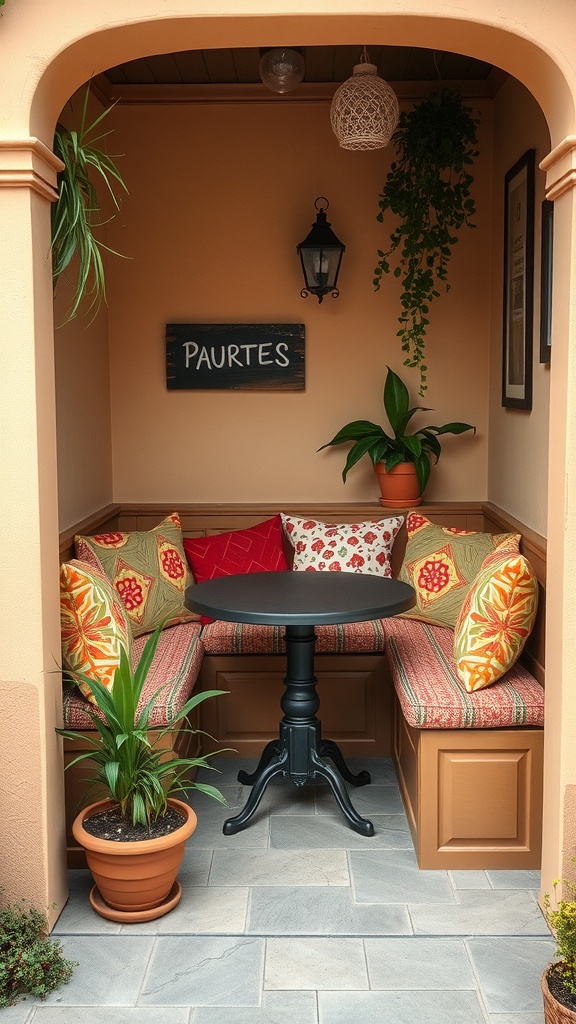 Cozy dining nook with built-in seating, colorful cushions, and plants.