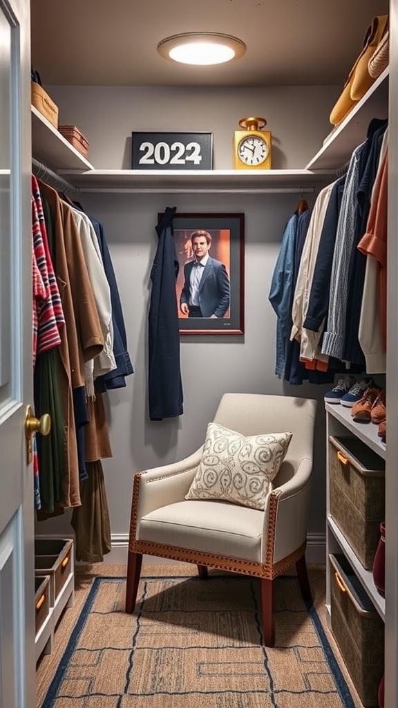 A small walk-in closet featuring a chair, neatly arranged clothing, and decorative items.