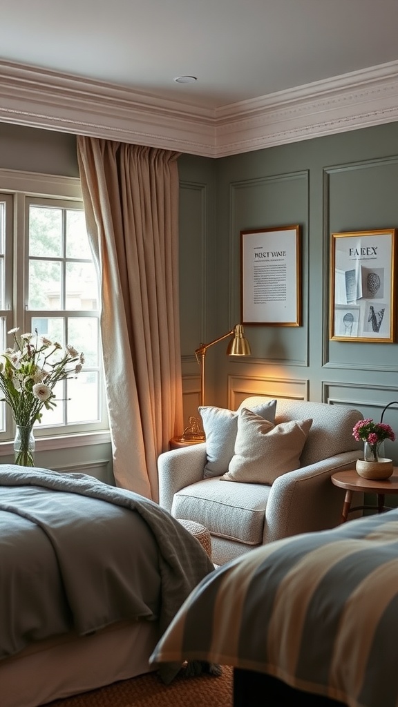 Cozy reading nook in a sage green bedroom with a chair, side table, and flowers.