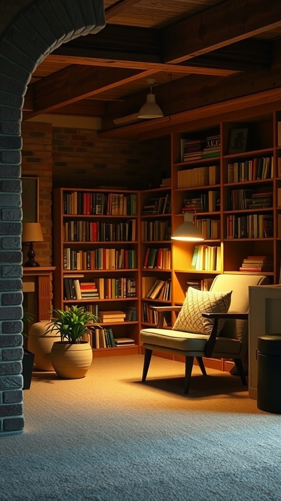 Cozy reading nook in a basement with a comfortable chair, warm lighting, bookshelves, and plants.