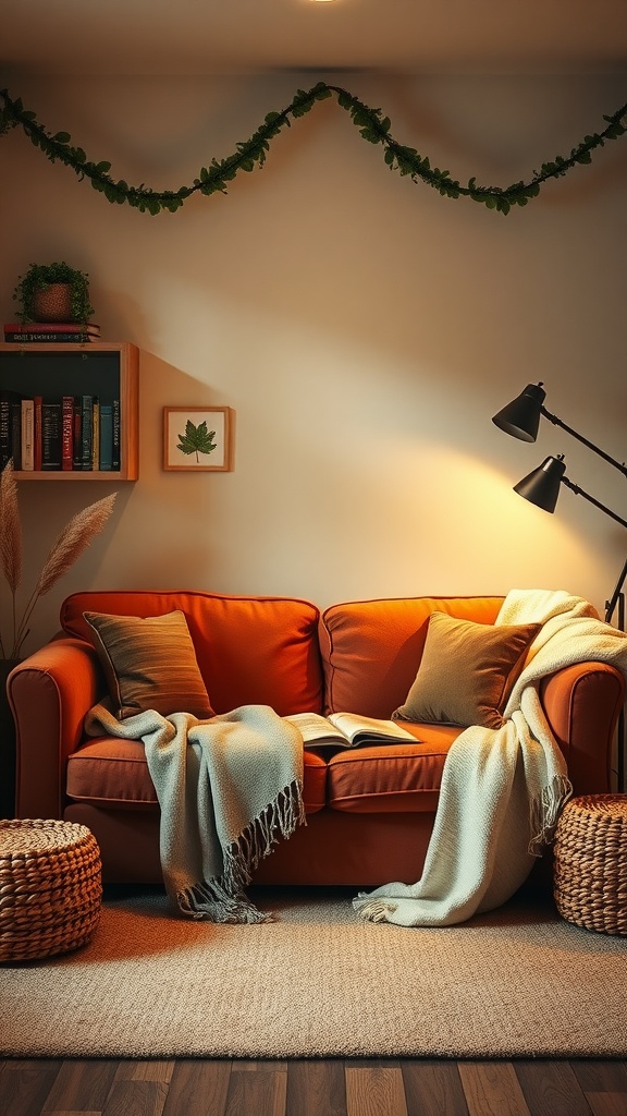 A cozy reading nook featuring a brown sofa with pillows and a throw blanket, a floor lamp, and a small bookshelf.
