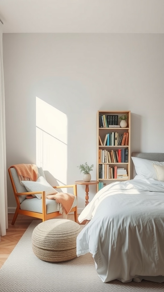 A minimalist bedroom featuring a cozy reading nook with a chair, side table, and bookshelf.