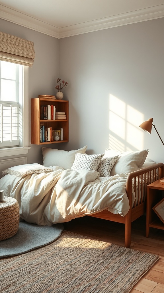 Cozy corner bed with pillows, blanket, and bookshelf, illuminated by natural light.