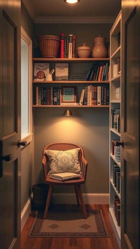 A cozy reading nook in a corner pantry with a chair, bookshelves, and warm lighting.