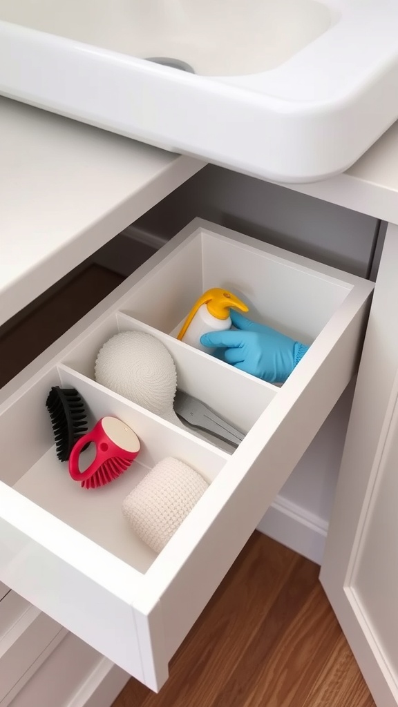 A well-organized under sink drawer with cleaning supplies separated into compartments.