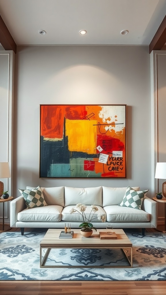 A modern living room featuring a bold artwork piece above a sofa, complemented by decorative pillows and a stylish coffee table.