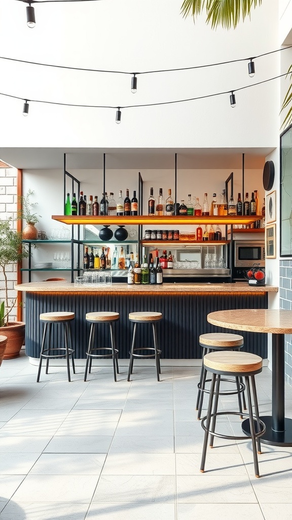 Modern outdoor kitchen bar area with stools and drinks