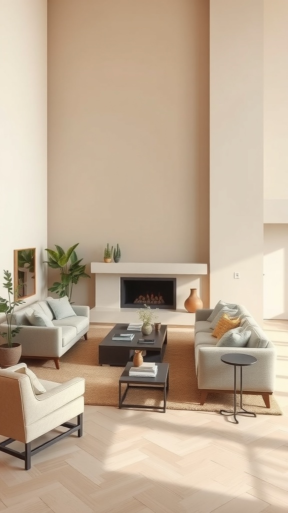 A stylish beige living room with two sofas, a coffee table, and plants, designed for comfort and functionality.