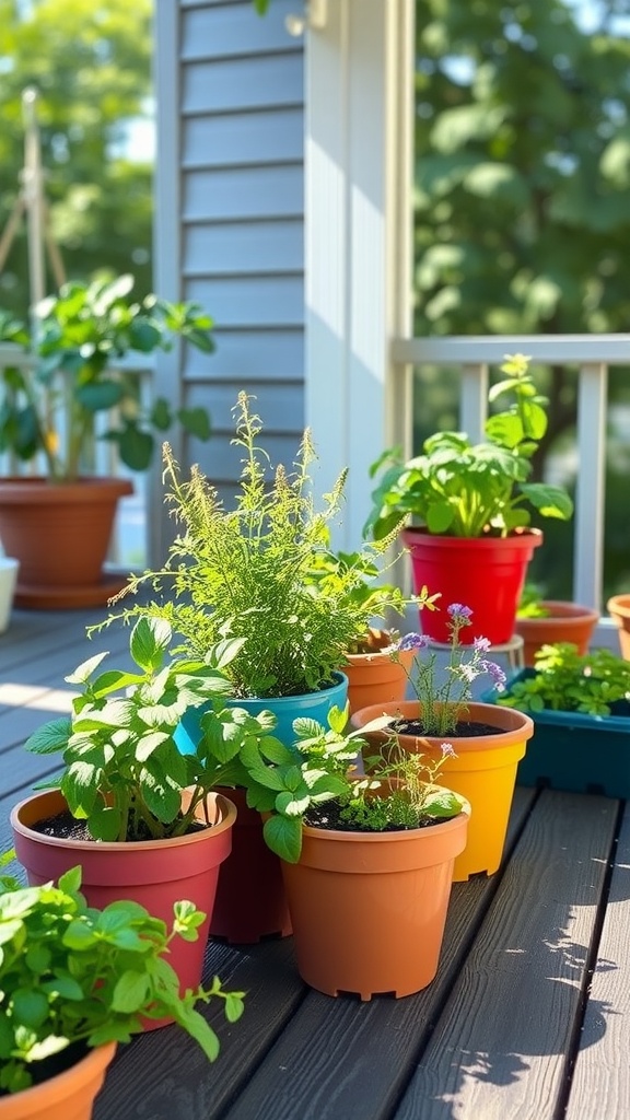 Colorful pots filled with various herbs on a porch.