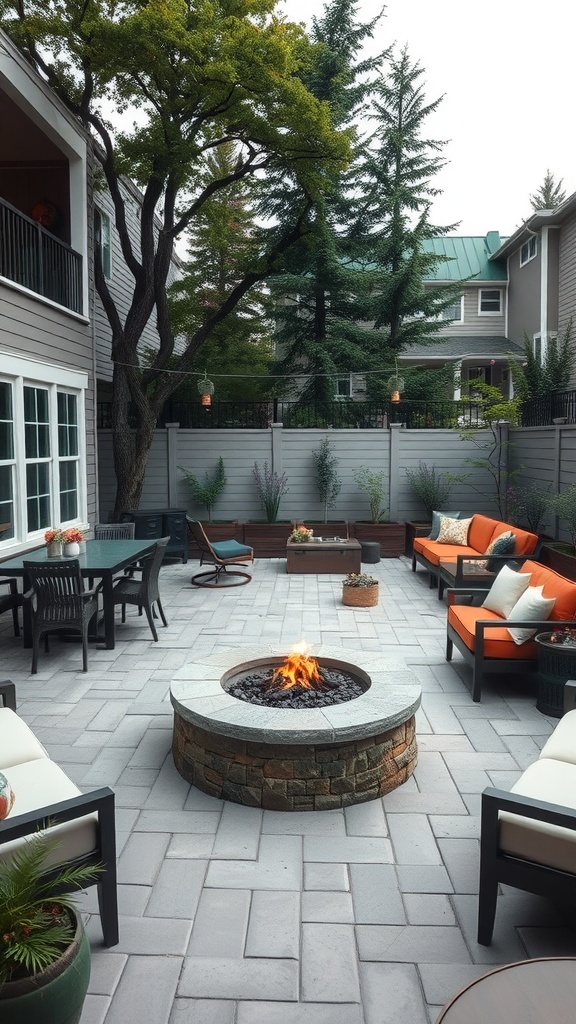 A cozy outdoor space featuring a fire pit surrounded by seating and a dining table.