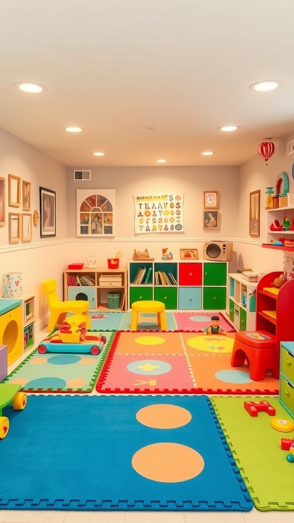 Colorful basement playroom with soft mats, toys, and storage units