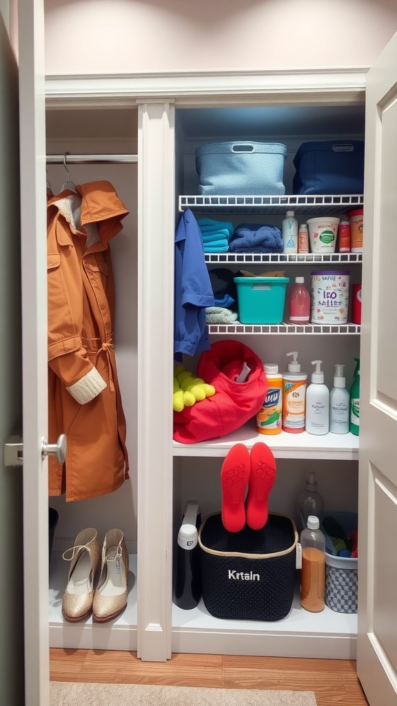Organized bathroom closet with seasonal items and cleaning supplies.