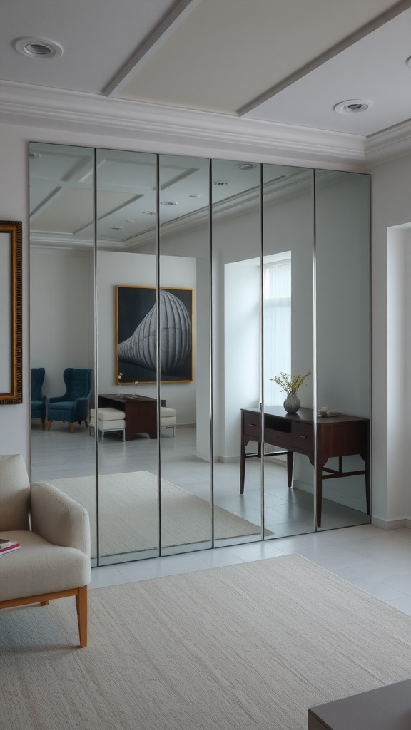 A room featuring a mirror wall that enhances the space and light, showcasing stylish furniture and decor.