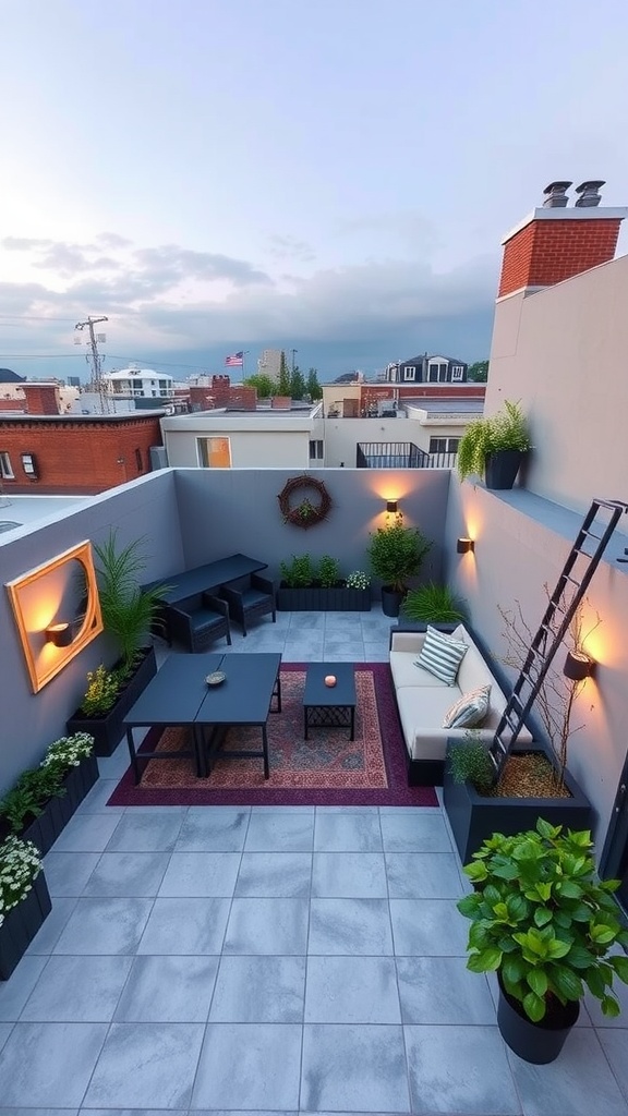 A rooftop patio with distinct zones for lounging and dining, featuring plants, stylish furniture, and warm lighting.
