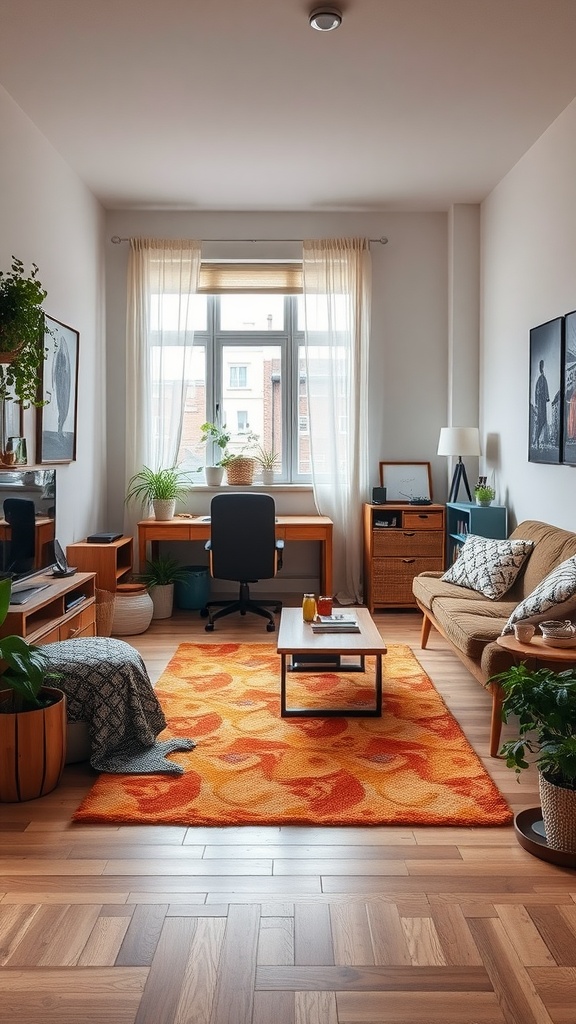 A cozy studio apartment featuring a colorful orange rug, a desk area, and a seating area, surrounded by plants.