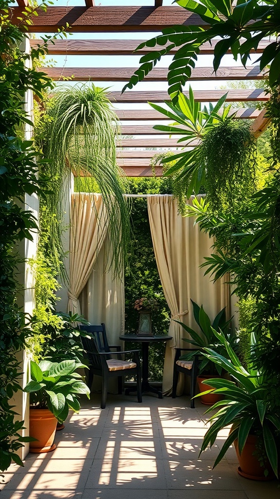 A pergola patio featuring lush greenery, curtains for privacy, and a cozy seating arrangement.