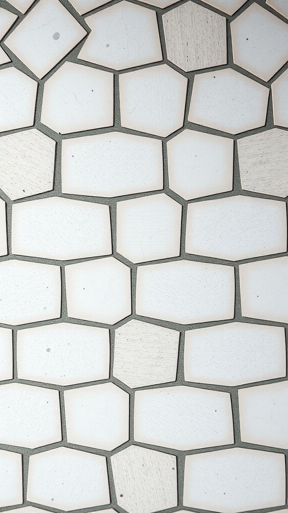 Close-up of hexagon tiles with grout lines in a bathroom setting.