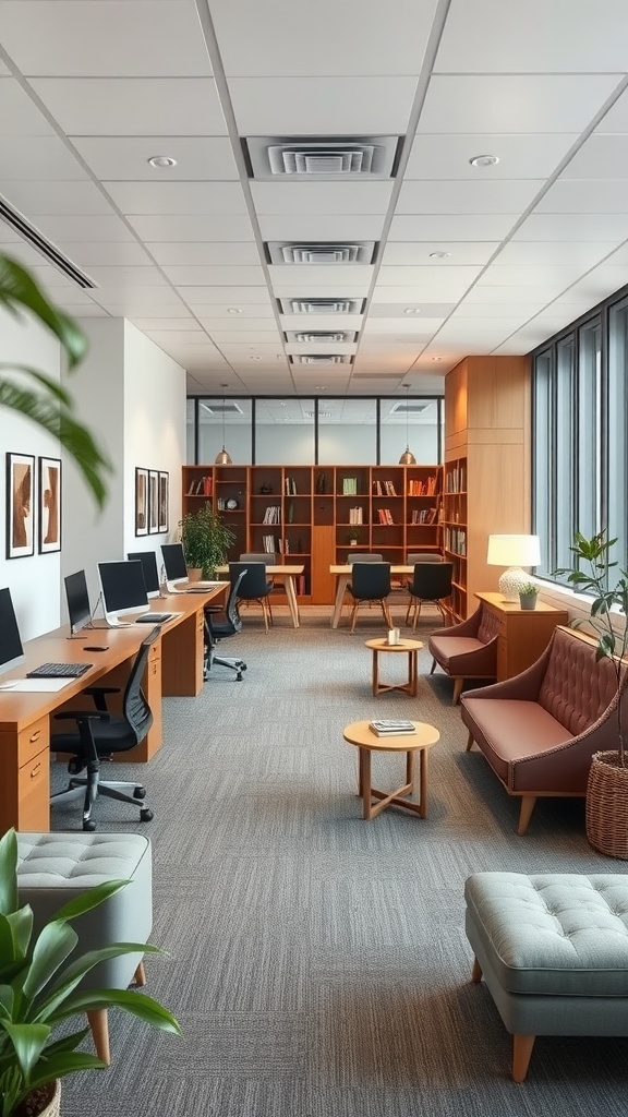 A modern office space with workstations and a relaxation area featuring comfortable seating.
