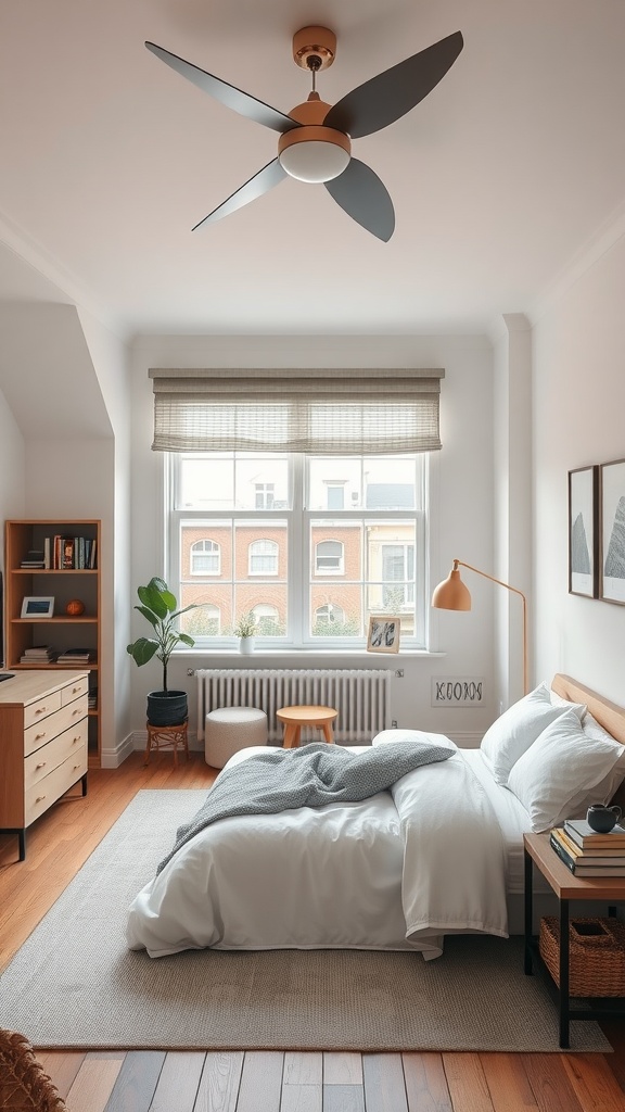 A cozy bedroom with a bed, desk, plant, and various functional areas.