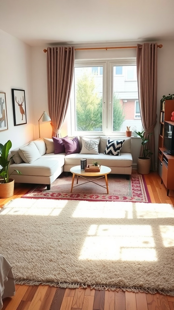 A cozy living room with a light-colored area rug, a sofa, and decorative plants.