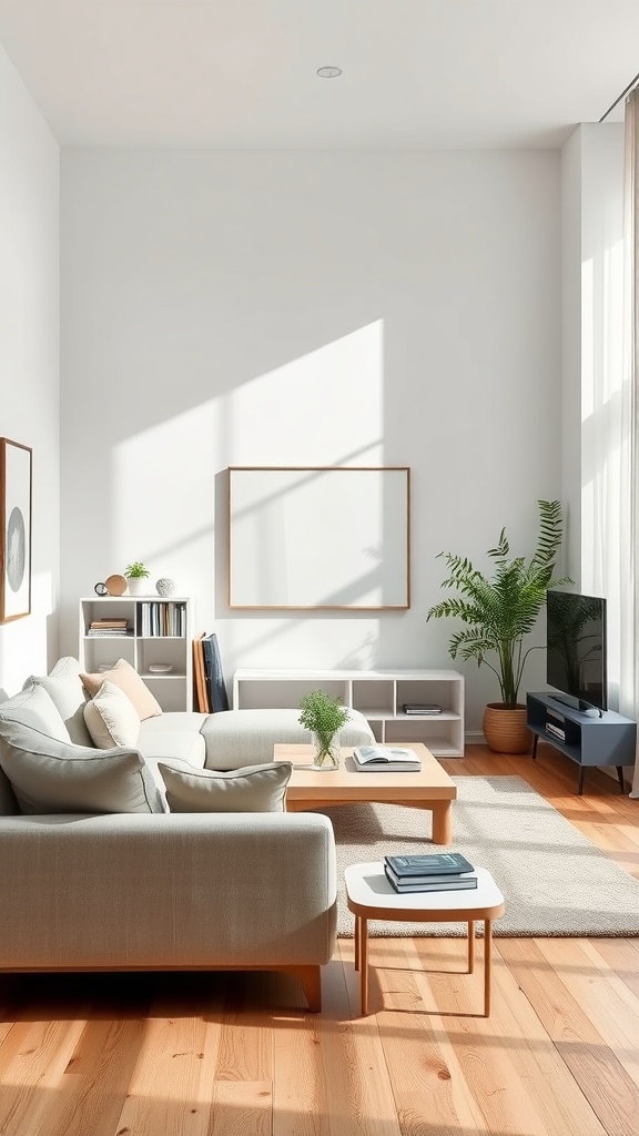 A minimalist living room with a light sofa, wooden coffee table, and plants, highlighting distinct zones.