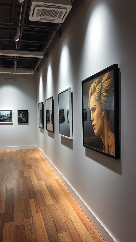 A gallery with LED lighting showcasing various framed artworks on the wall.