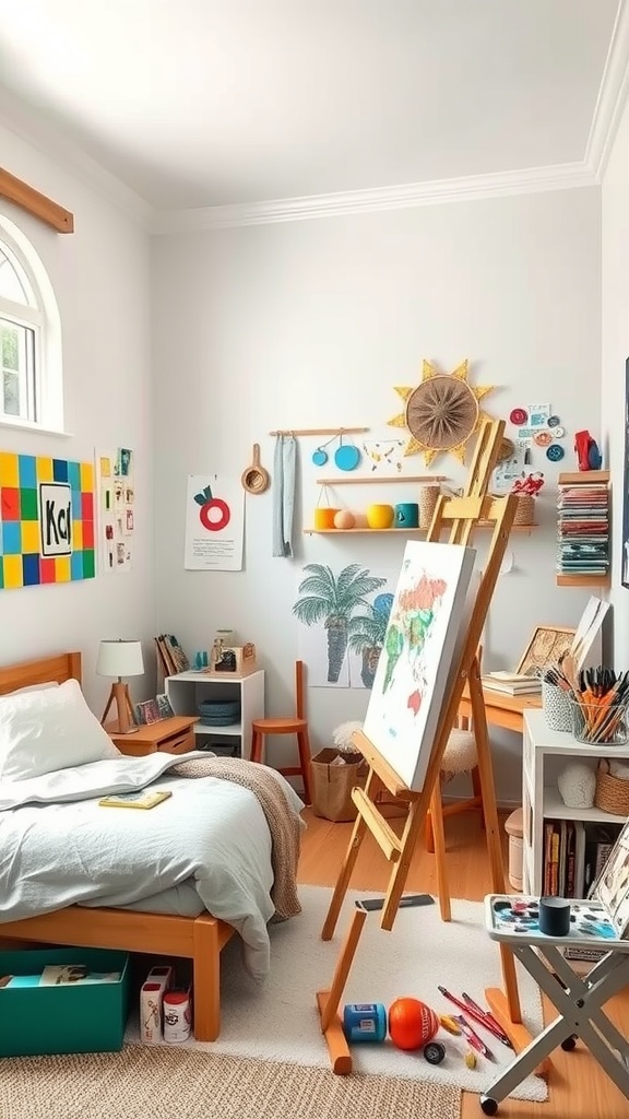 A creative boys bedroom featuring an art studio space with an easel, colorful artwork, and organized shelves.
