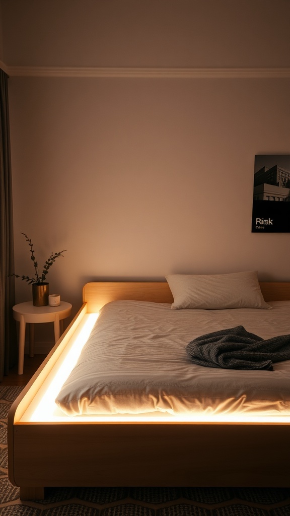 A wooden bed frame illuminated by warm LED strip lights, creating a cozy atmosphere.