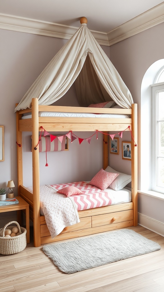 A creative bunk bed with a canopy, featuring a wooden frame, colorful pillows, and playful bunting.